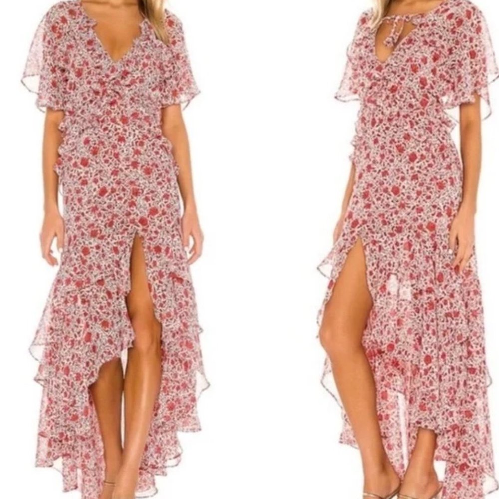 Misa Katarina Floral Printed Flutter Sleeve Ruffle Asymmetric Maxi Dress Red XS